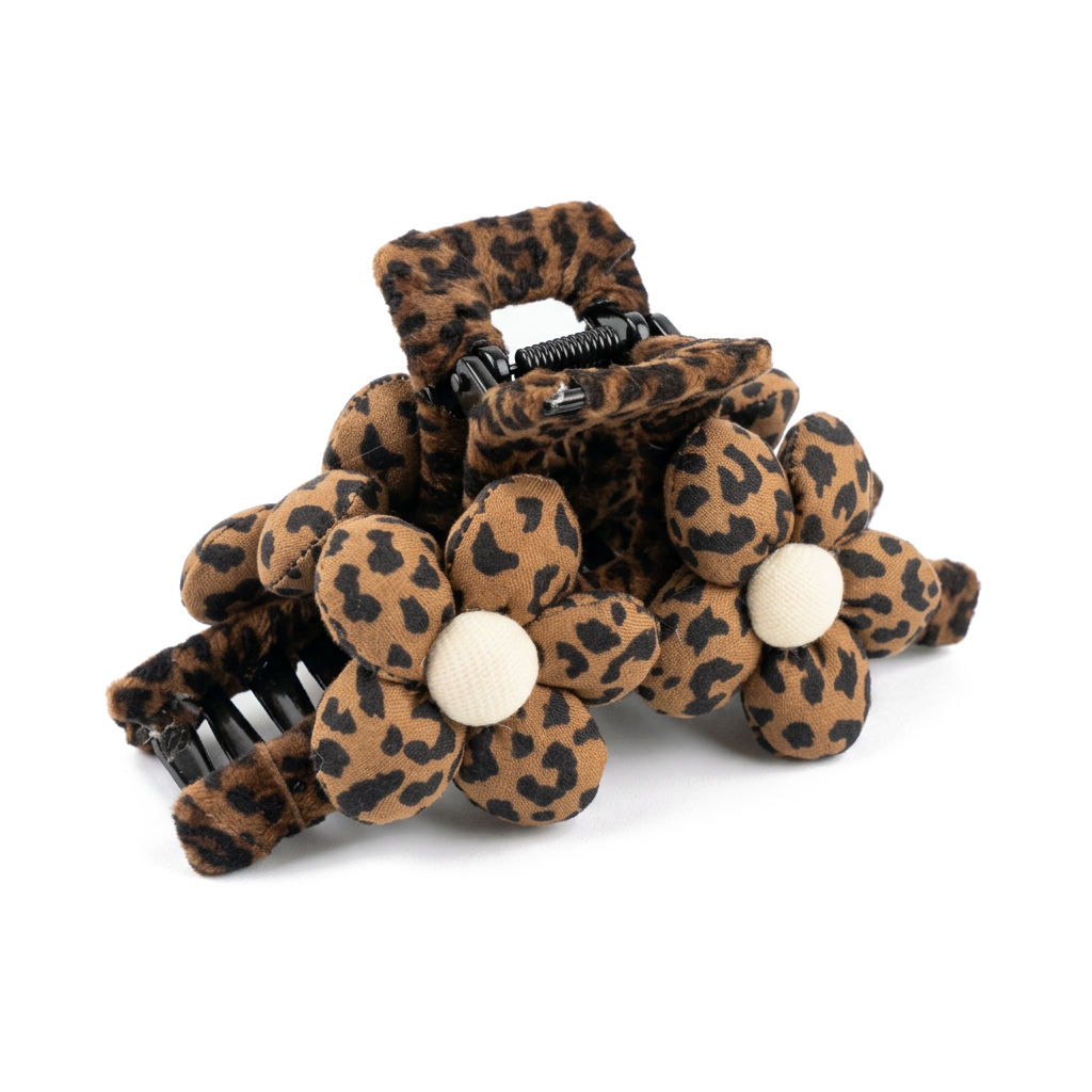 Leopard Print Floral Fabric Hair Claw Clip