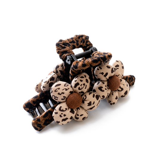 Beige Leopard Print Floral Fabric Hair Claw Clip